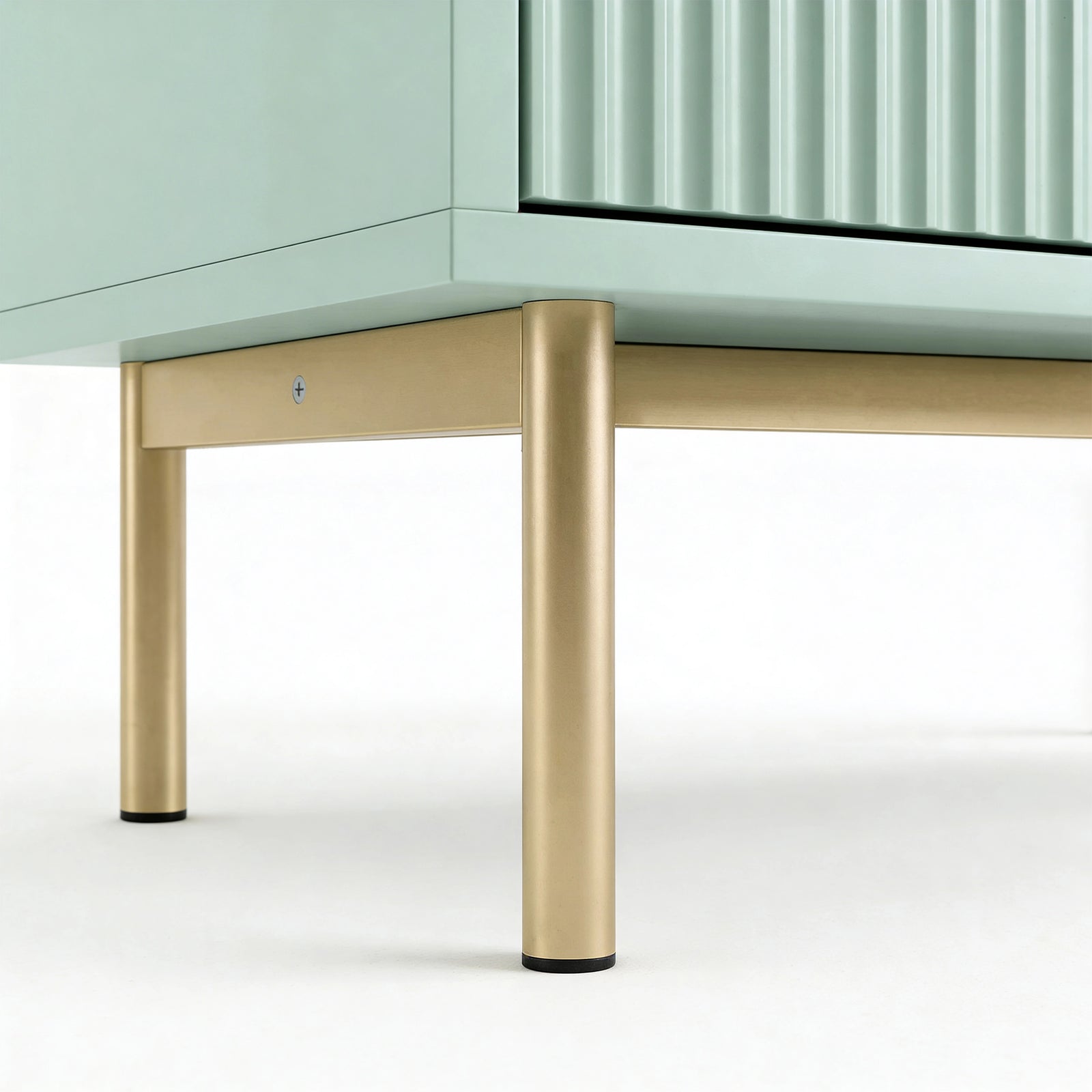 [Sage Green] 6 drawer wide chest standing on golden metal legs with raised base and sturdy frame