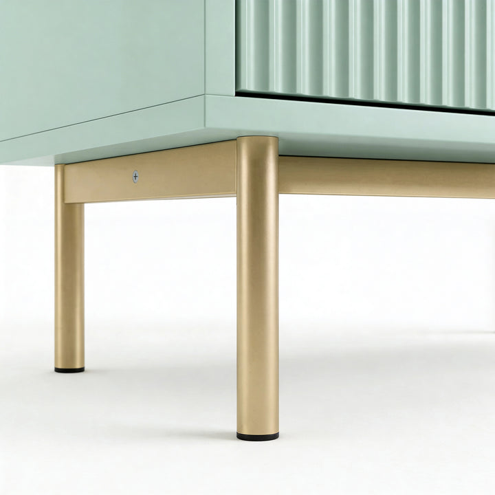 [Sage Green] 6 drawer wide chest standing on golden metal legs with raised base and sturdy frame