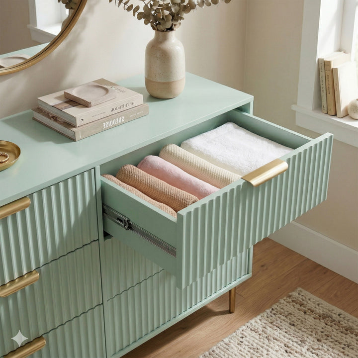 [Sage Green] Interior compartment of wide green drawer showing painted finish and practical depth with golden handles