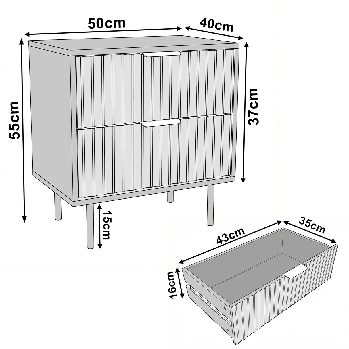 Flutrina bedside table dimension diagram showing 50 cm width, 40 cm depth, 55 cm height, with the drawer details