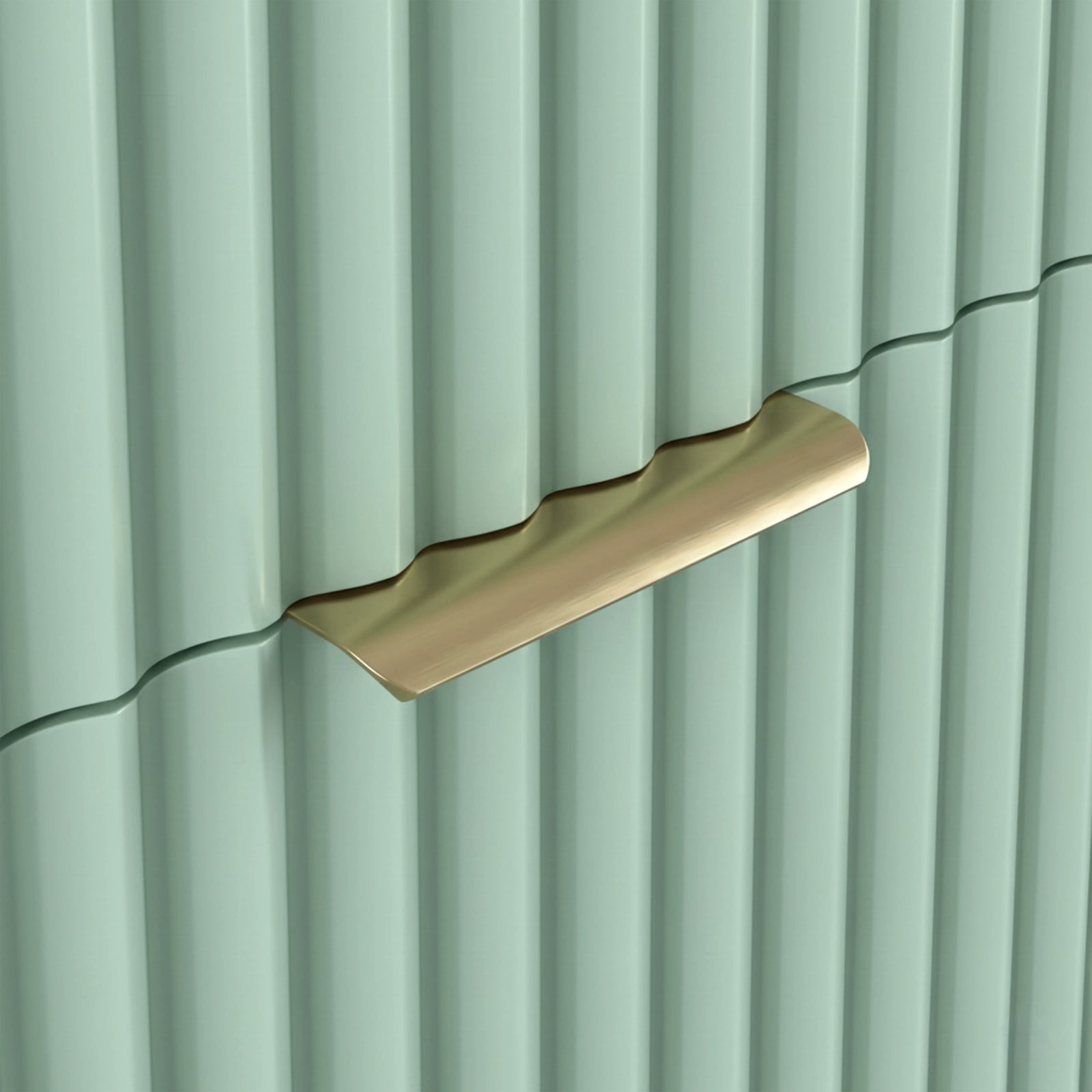 [Sage Green] Close detail of golden metal handle on green flutrina drawer of chest front with vertical lines and stylish pattern