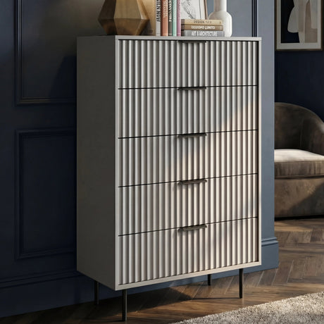 Grey painted 5 drawer chest with vertical flutrina detailing and slim black metal legs