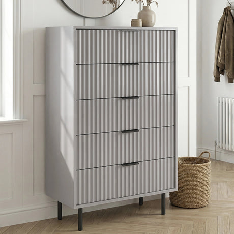 [Grey] painted 5 drawer chest with vertical flutrina detailing and slim black metal legs