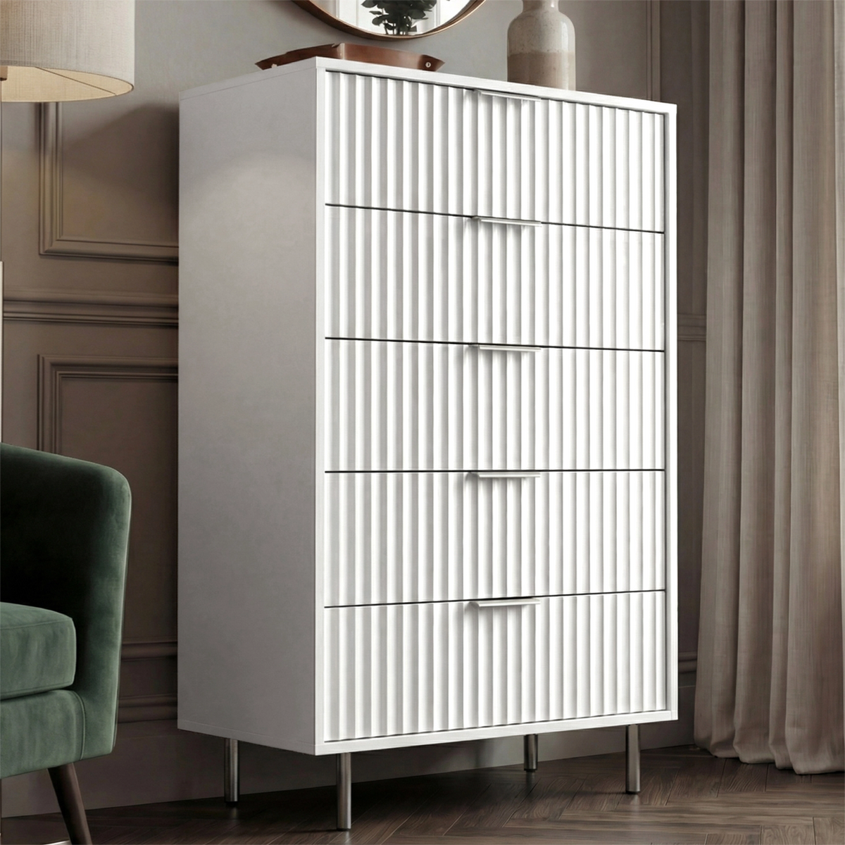 Tall 5 Drawer Chest Drawers Fluted Design Painted Finish 5 Drawer Chest