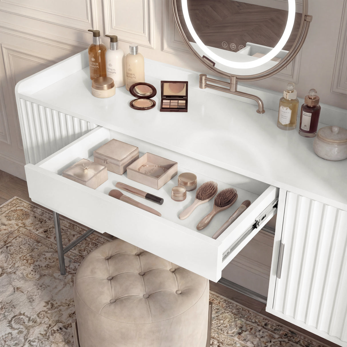 White vanity makeup table with a drawer open, showcasing neatly arranged beauty products and accessories