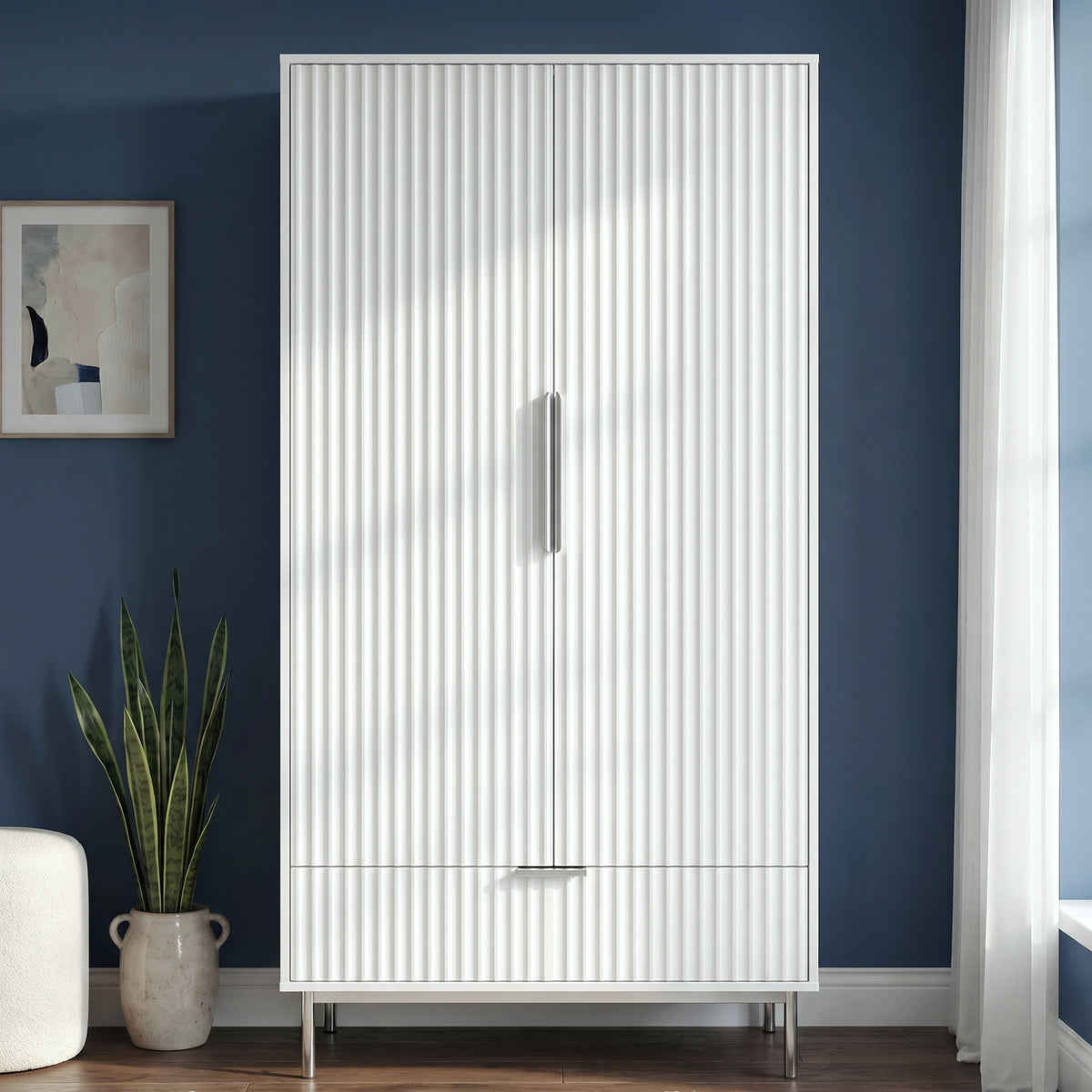 Fluted Painted 2 Door Wardrobe Drawers Hanging Rail 2 Door Wardrobe