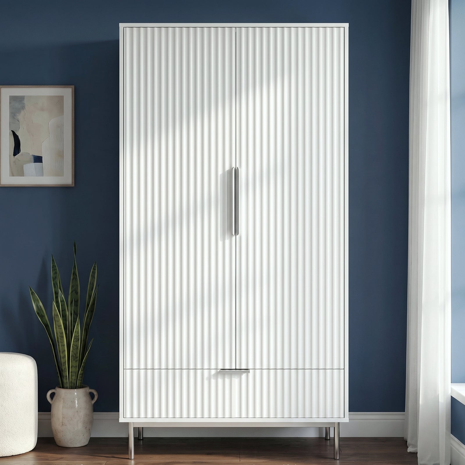 [White] Flutrina 2-door fluted wardrobe in a bedroom lifestyle setting showing full height and door detail