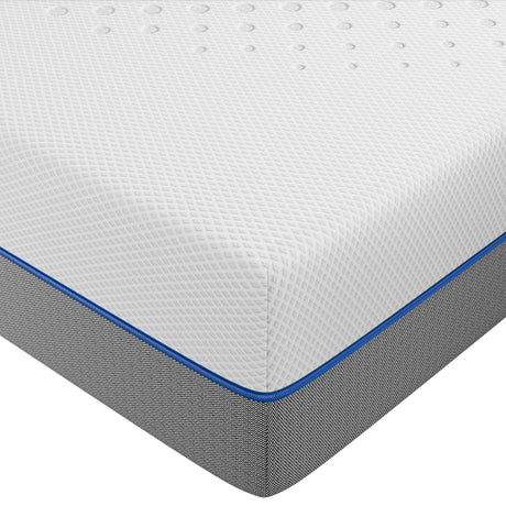 Mattress corner with white top, blue middle, and gray base on a white background