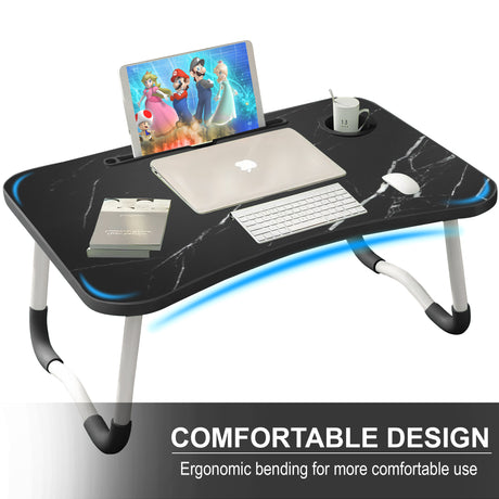 Fold away laptop table with ergonomic bending for a more comfortable design.