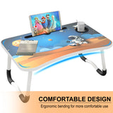 Fold-down laptop table with ergonomic bending, designed for comfort and ease.