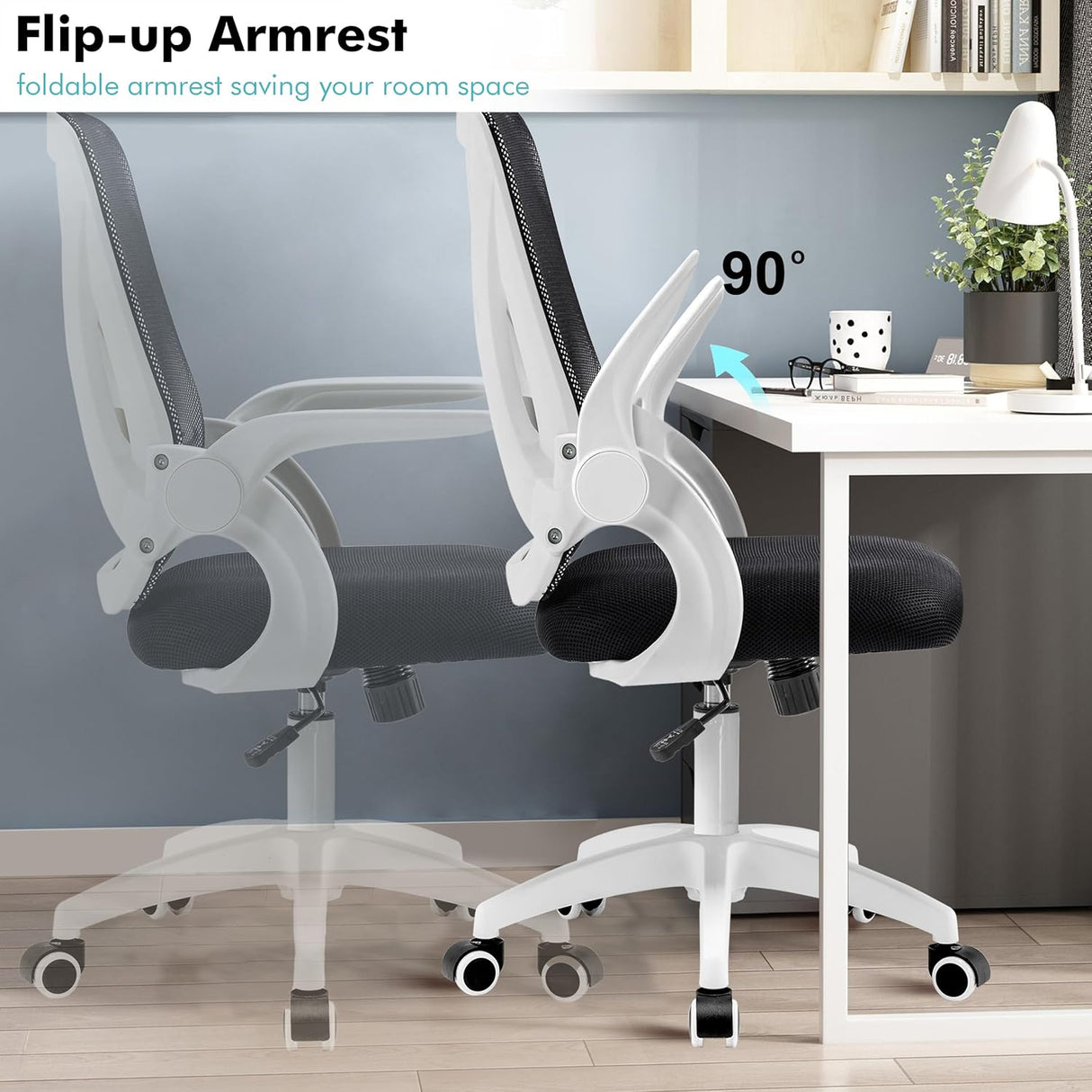 Foldable armrest white office chair for space-saving and ergonomic comfort.