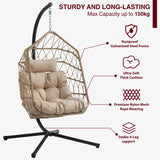 Foldable Hanging Egg Chair With Stand & Cushion featuring rustproof galvanised steel frame, ultra-soft thick cushion, and stable 4-leg support and 150kg weight capacity.