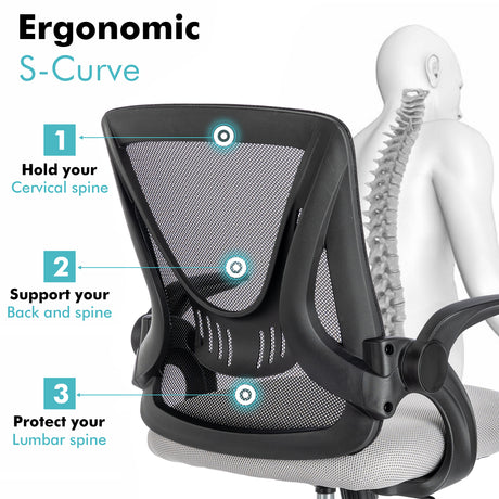 Foldable desk chair for small spaces with ergonomic S-curve design for added comfort.