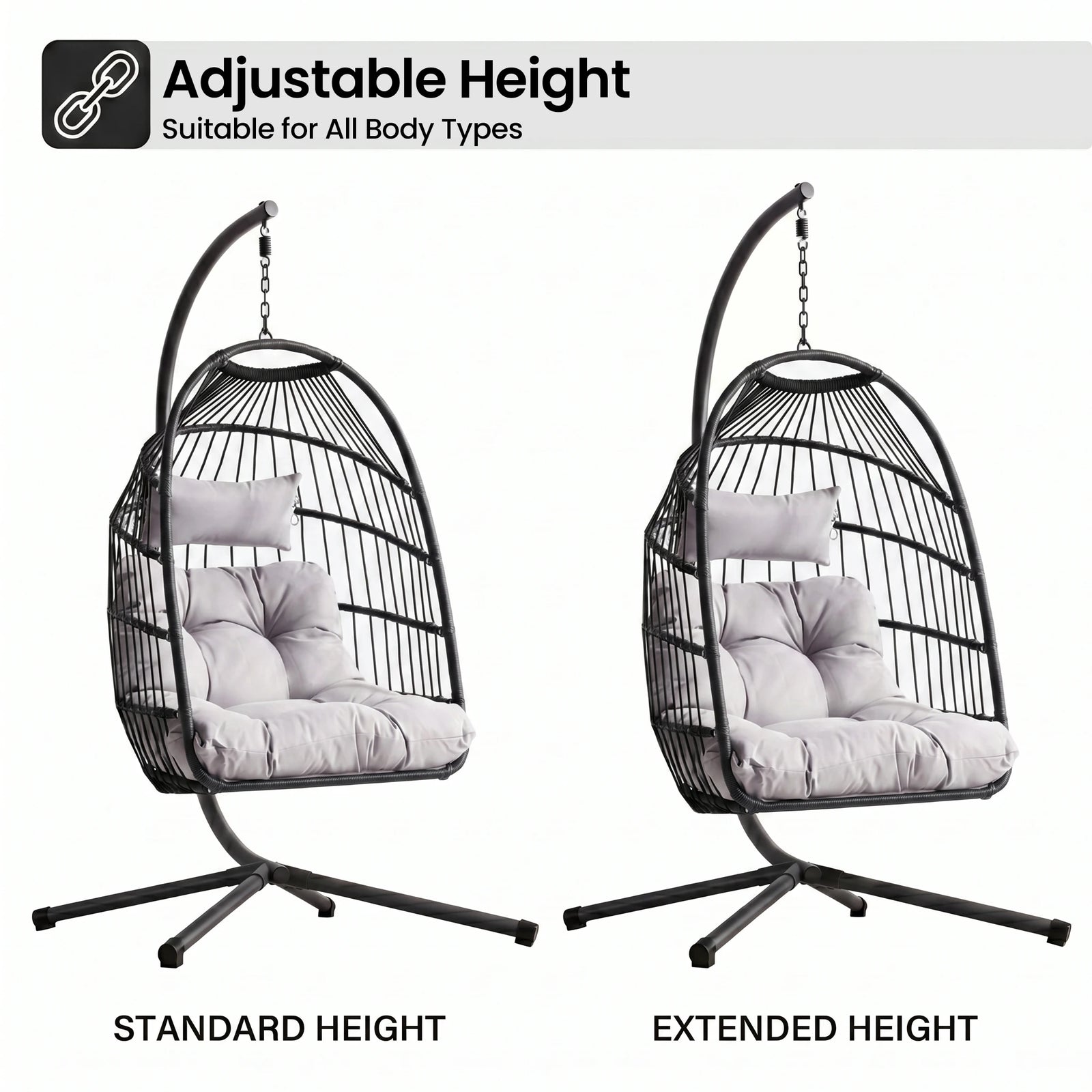 [Black] adjustable hanging egg chair with cushioned seat and height extension for indoor or outdoor relaxation