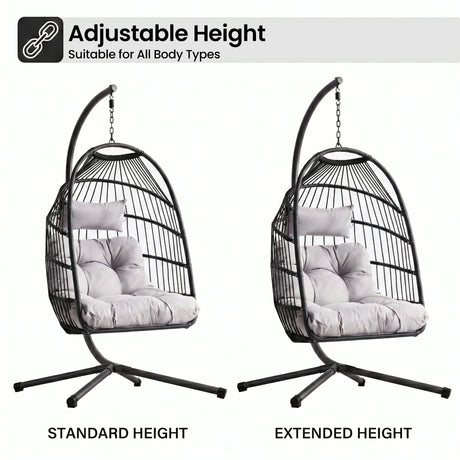 [Black] adjustable hanging egg chair with cushioned seat and height extension for indoor or outdoor relaxation