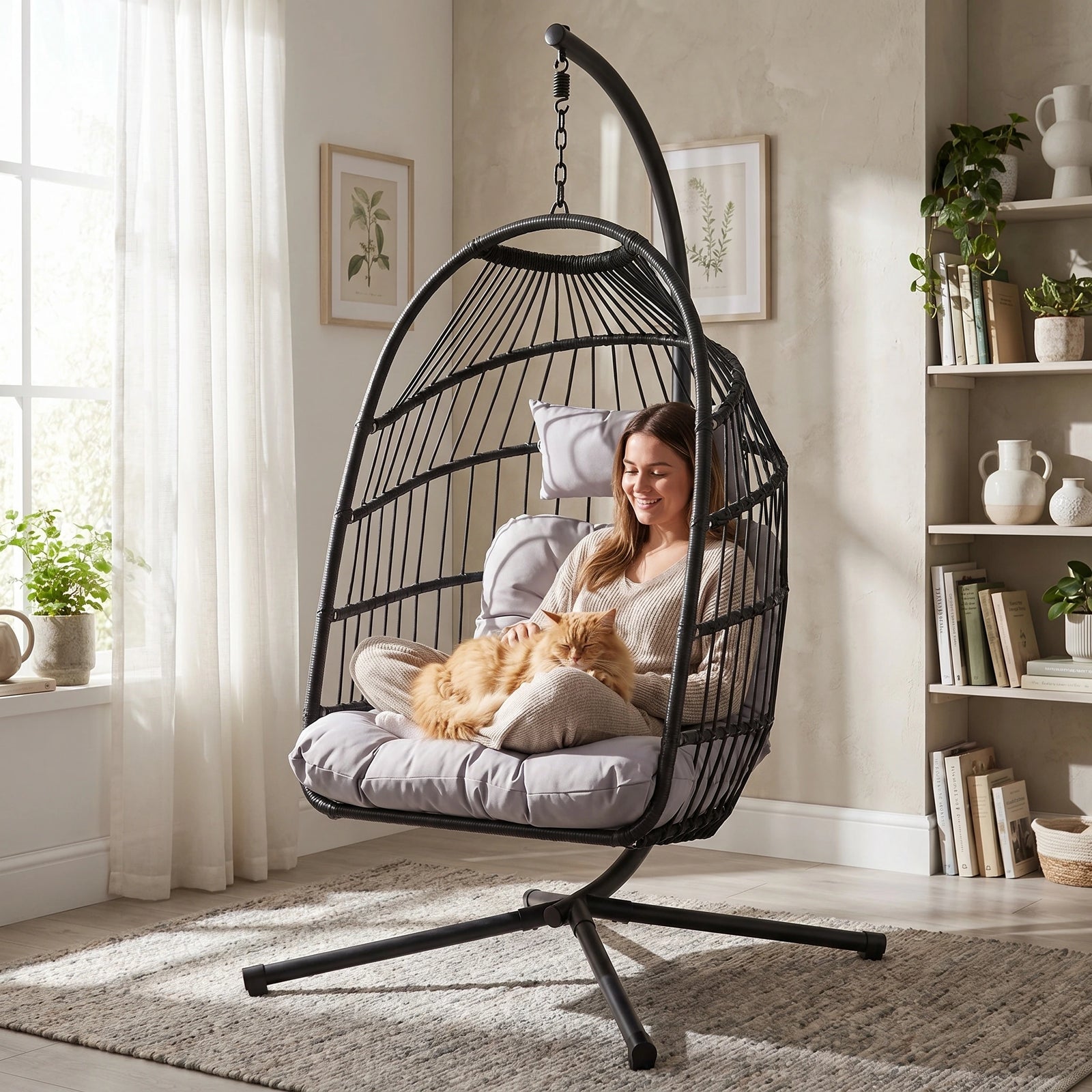 [Black] Woman sitting in a black hanging chair with a cat, in a cozy room with books and plants