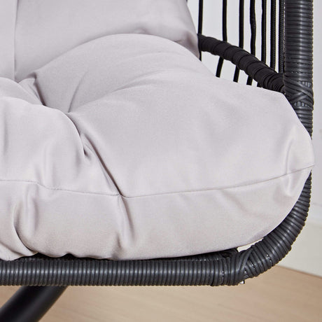 [Black] Close-up of grey cushion on black foldable garden egg chair with cushion