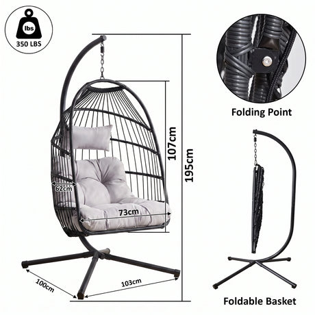 [Black] Dimensions diagram for black garden egg chair: 73cm seat, 107cm chair, 195cm stand, 100x103cm base
