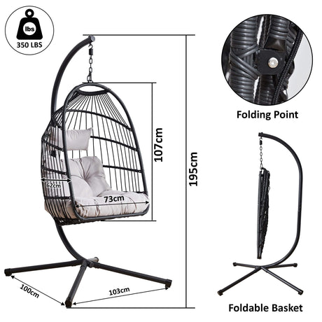 [Black] Dimensions diagram for black garden egg chair: 73cm seat, 107cm chair, 195cm stand, 100x103cm base