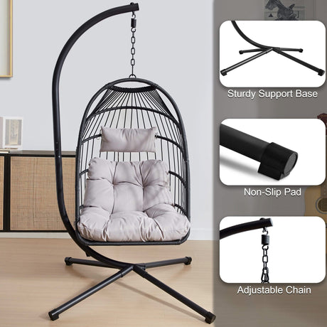 [Black] Black garden egg chair with cushion alongside support base, non-slip pad and chain detail