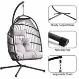 [Black] Black garden egg chair with cushion alongside support base, non-slip pad and chain detail
