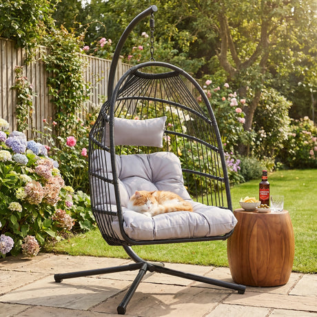 [Black] rattan garden egg chair with grey tufted cushion and four-leg metal stand
