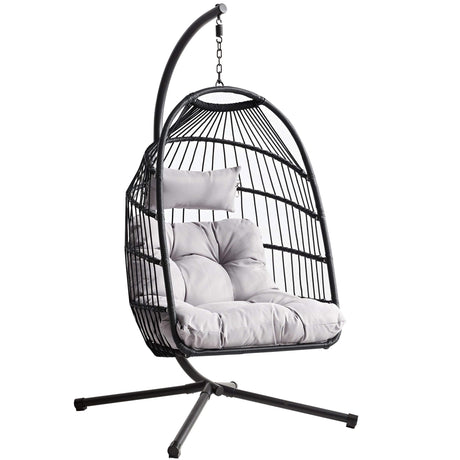 [Black] Black rattan garden egg chair with grey tufted cushion and four-leg metal stand