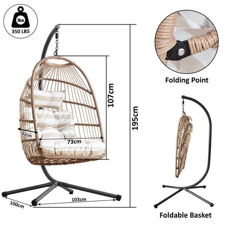 [Natural] Dimensions diagram for natural garden egg chair: 73cm seat, 107cm chair, 195cm stand, 100x103cm base