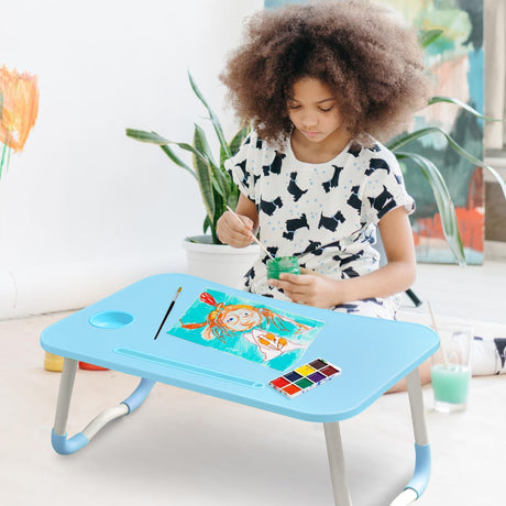 Foldable laptop table in blue with a curved design, offering comfort for working anywhere.