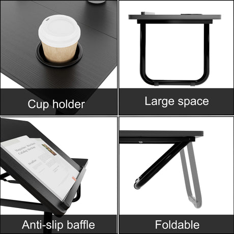 Portable Folding Laptop Desk with cup holder, anti-slip baffle, foldable legs, and large surface space for bed or sofa use.