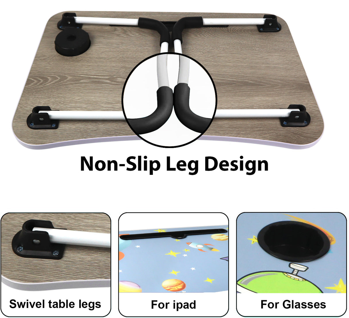 Folding laptop table desk with non-slip leg design, swivel legs, perfect for iPad and glasses.