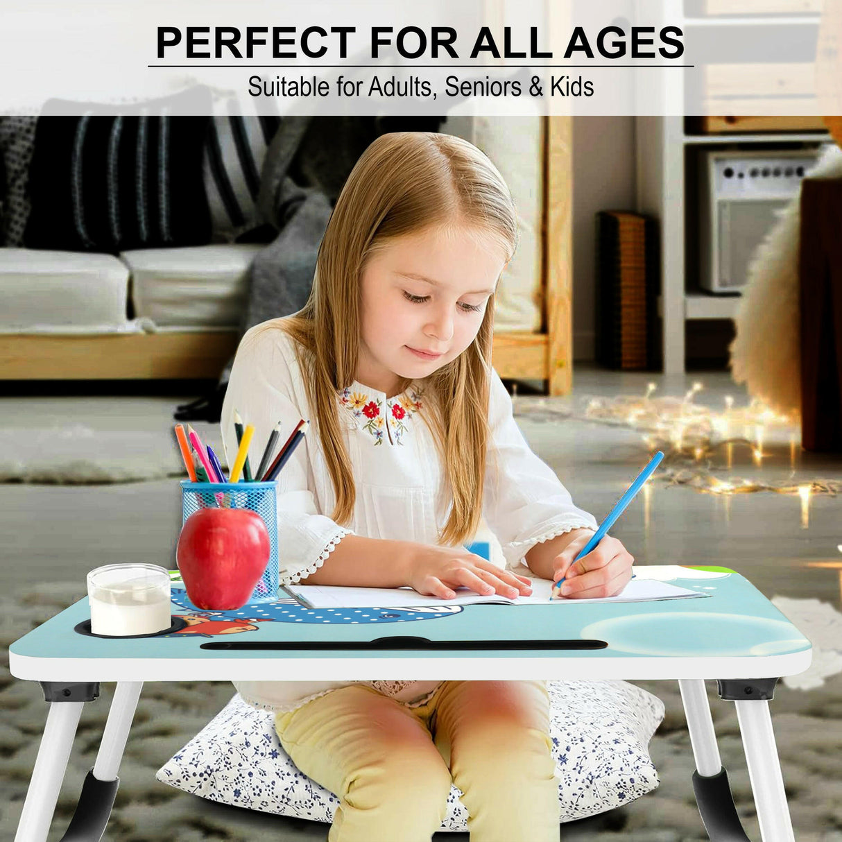 Child using a folding table laptop desk for studying, portable design suitable for all ages.