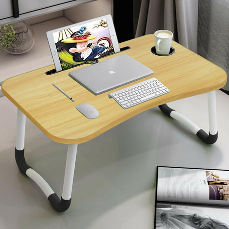 Folding writing desk design with cup holder, tablet slot, and foldable legs for convenience