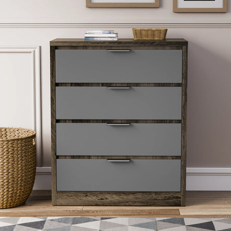 Skova 3 Piece Bedroom Set chest of drawers in dark wood and grey finish with four drawers, ideal for modern UK bedroom furniture sets.