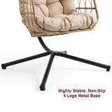Free-standing egg chair with stand and 4 leg metal base design, perfect for secure indoor or outdoor area for lounging.