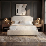 Padded fabric head support with gently rounded corners, shown from the front in a styled bedroom setting