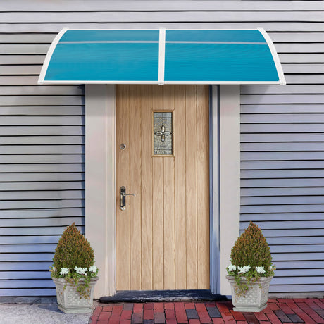 Front door and window canopy with blue polycarbonate sheet and white frame.