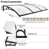 Front door canopy installation guide with dimensions, ABS brackets, PC sunshade sheet.