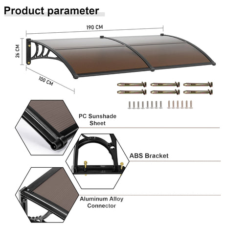 Front door canopy kit with brown polycarbonate sheet, ABS brackets, and mounting hardware.