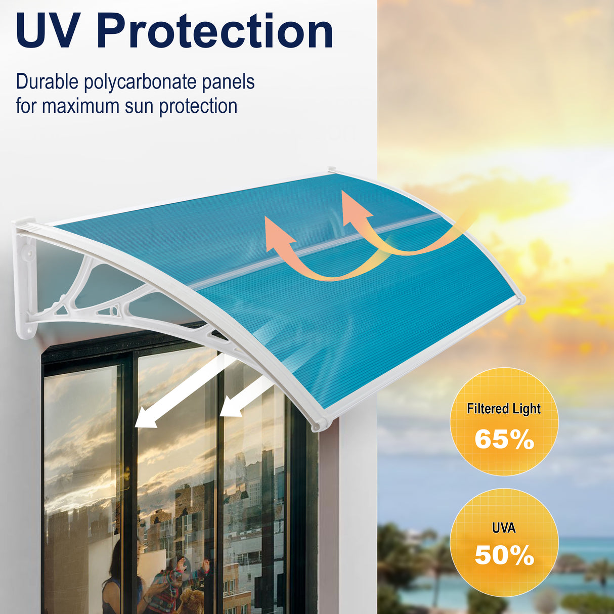 White front door canopy with UV protection and sun shielding features.