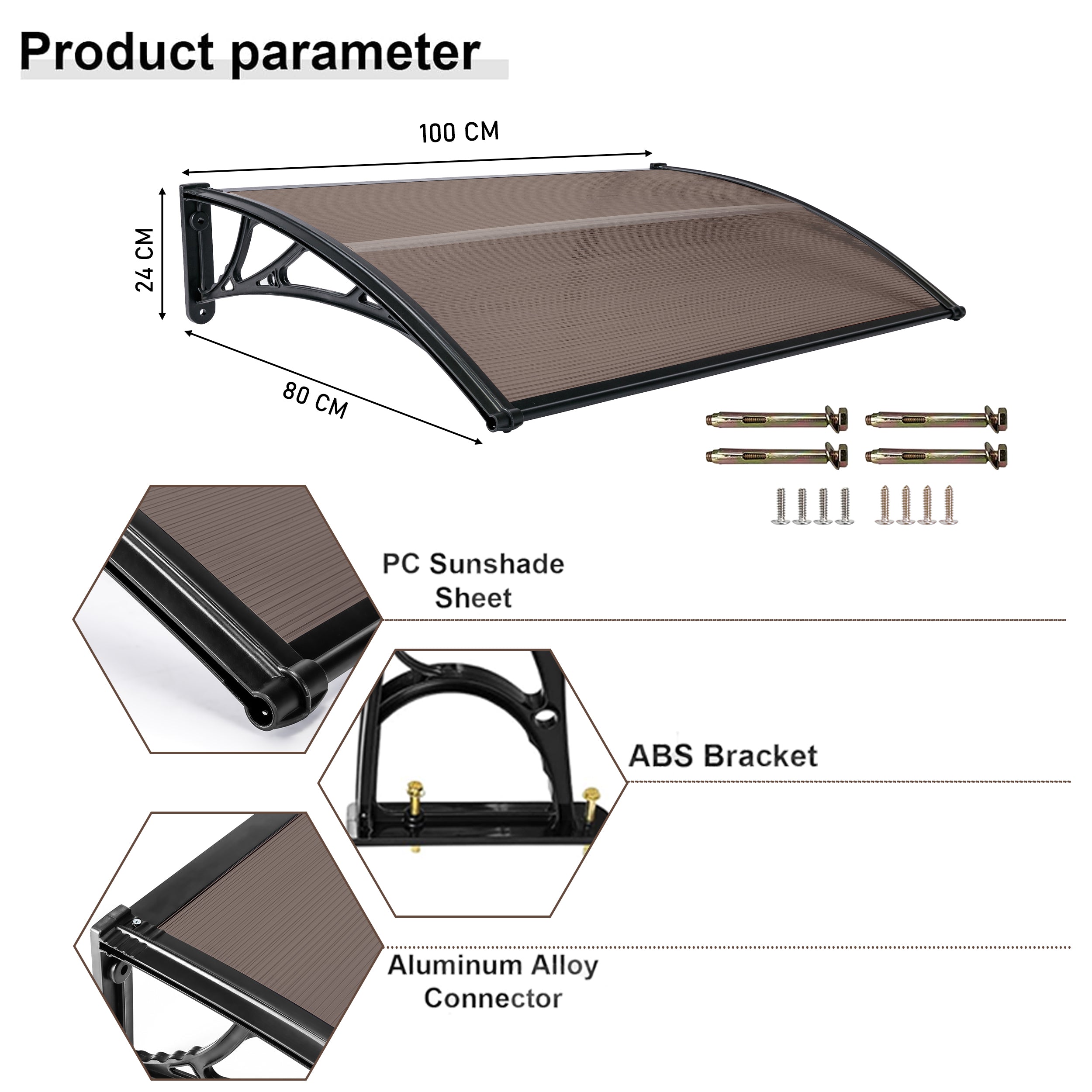 Front door rain canopy product specifications, featuring a brown-tinted polycarbonate sunshade.