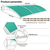 Front of house canopy with green polycarbonate panels, white ABS brackets.