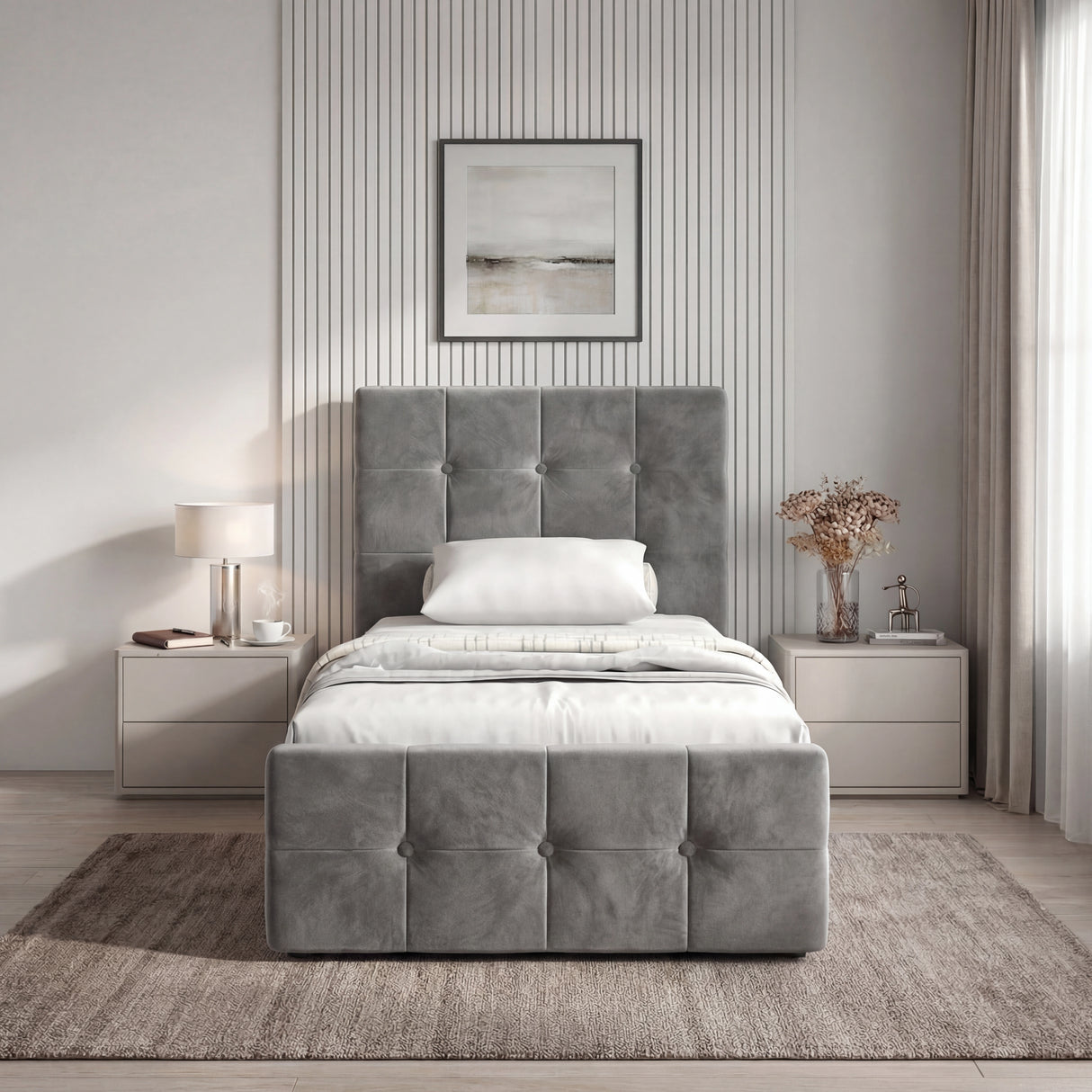 [Single | Dark Grey] Front view of Square Ottoman Storage Bed in grey velvet, featuring a padded headboard and footboard with button tufting for a stylish look