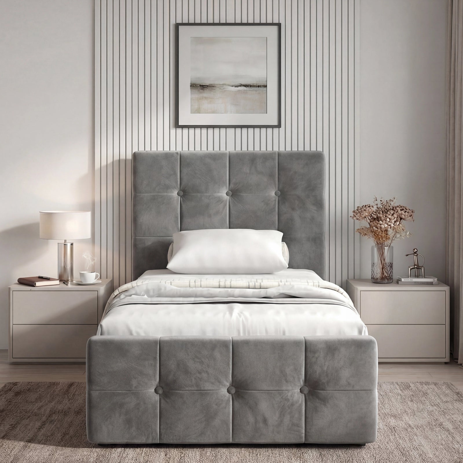 [Single | Dark Grey] Front view single Square Ottoman Storage Bed in grey velvet with tufted headboard and footboard