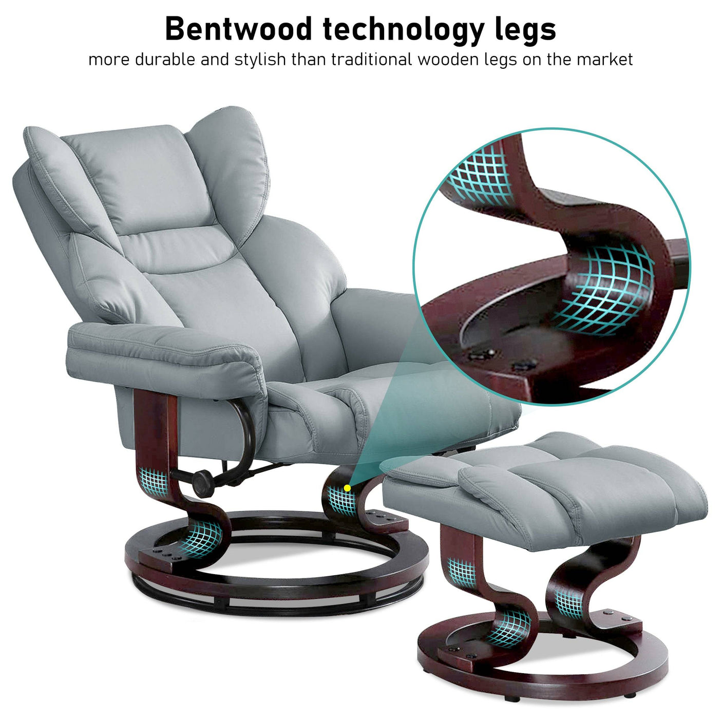 Light grey Recliner Swivel Armchair With Footstool | Lounge Chair with bentwood legs, offering strength and elegance for any room décor.