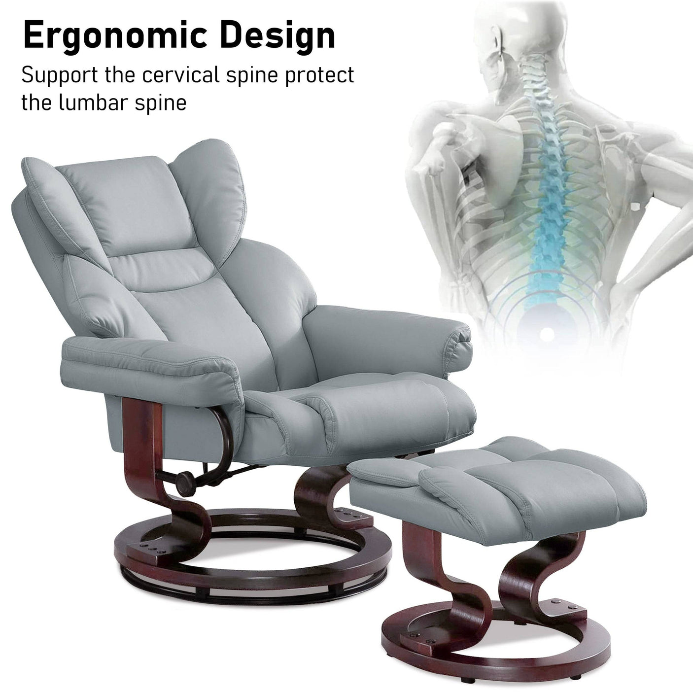 Ergonomic light grey Recliner Swivel Armchair With Footstool | Lounge Chair supports lumbar spine and promotes healthy sitting posture.