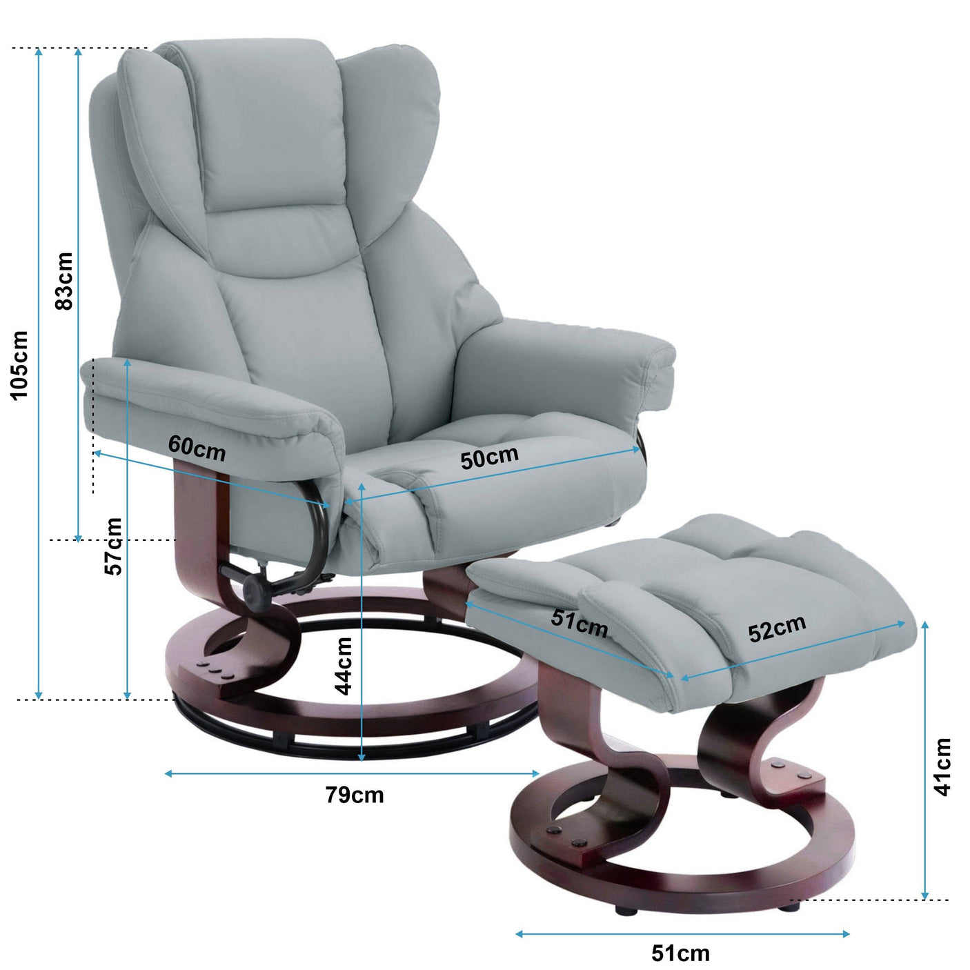 Detailed dimensions of light grey Recliner Swivel Armchair With Footstool | Lounge Chair, ideal for fitting into compact or spacious rooms.