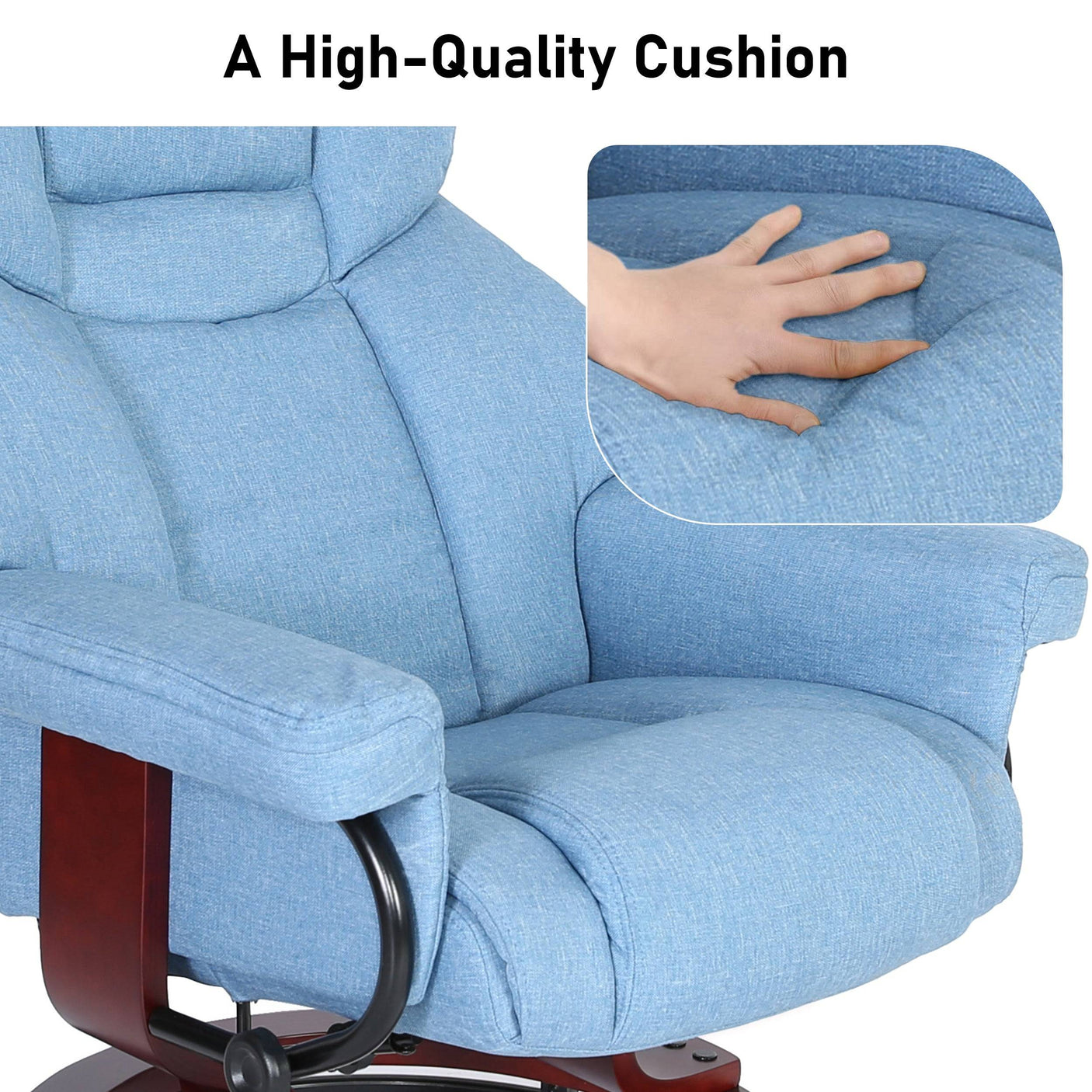 Close-up of soft light blue cushion on Recliner Swivel Armchair With Footstool | Lounge Chair, showcasing comfort and quality stitching.