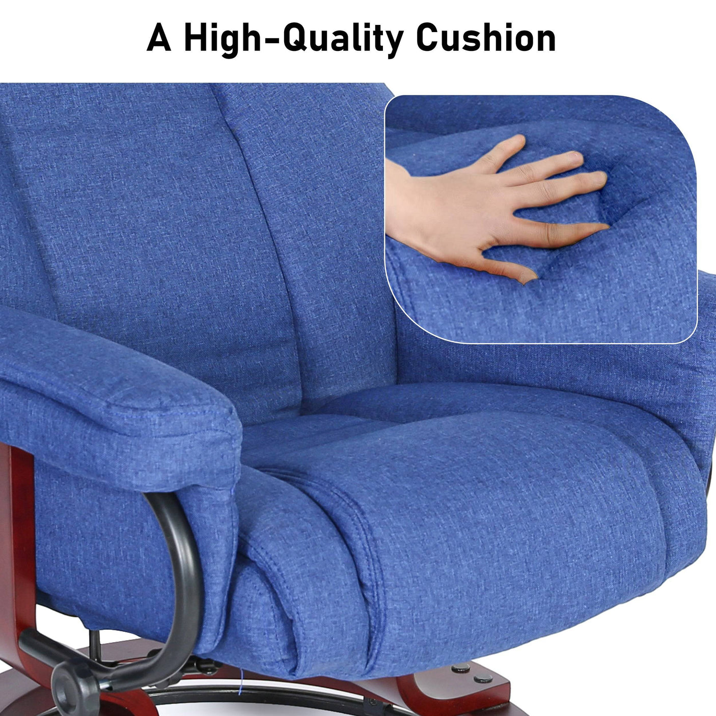 Close-up of dark blue cushion on Recliner Swivel Armchair With Footstool | Lounge Chair, highlighting plush padding and soft fabric.