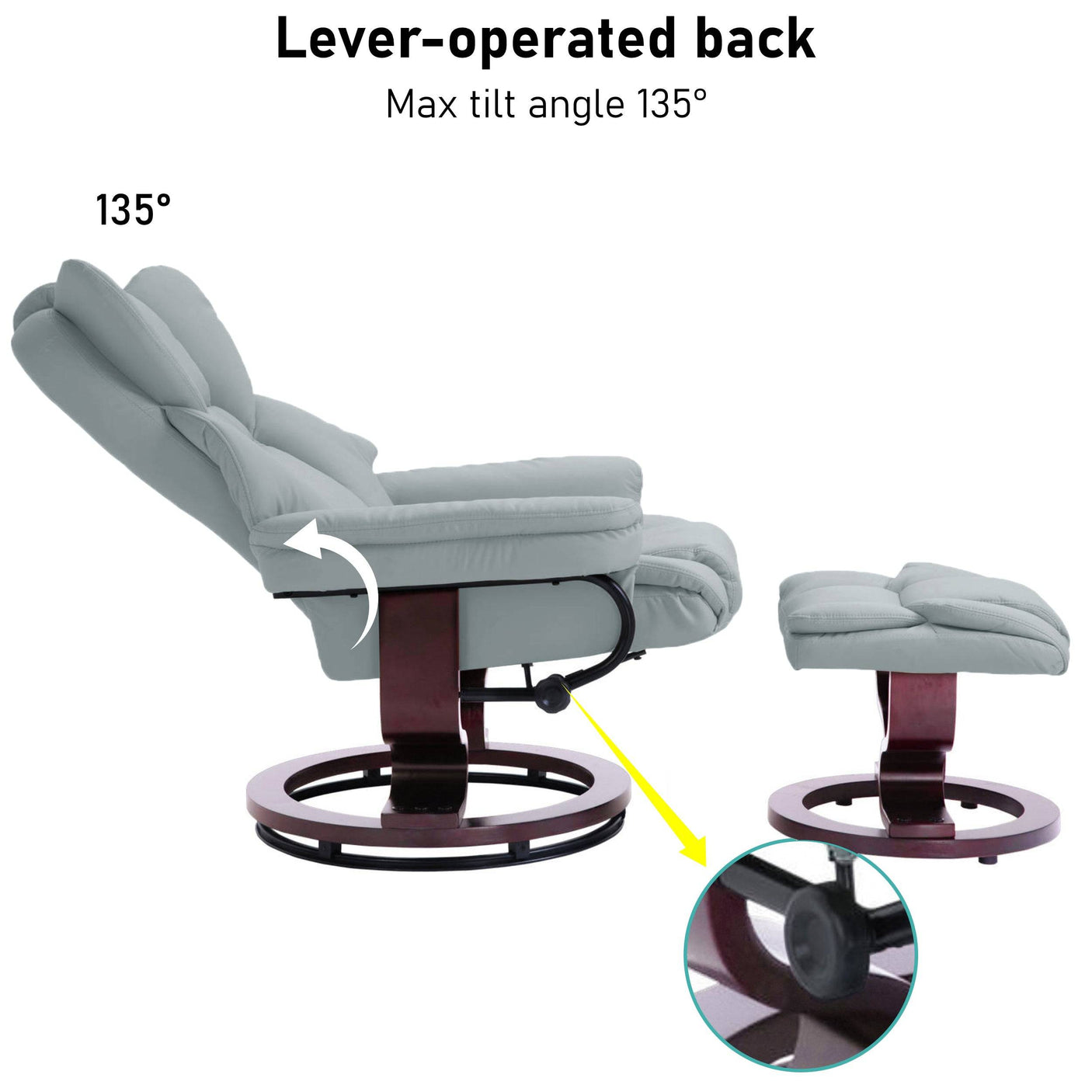 Recliner Swivel Armchair With Footstool | Lounge Chair in light grey with 135° reclining function and lever control for adjustable comfort.
